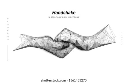 Handshake. Abstract illustration two hands handshake isolated on white background. Symbol future or innovation or technology. Low poly wireframe. Particles are connected line. Low poly wireframe. 
