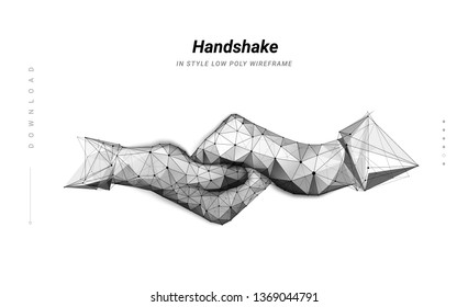 Handshake. Abstract illustration two hands handshake isolated on white background. Symbol future or innovation or technology. Low poly wireframe. Particles are connected line. Low poly wireframe. 