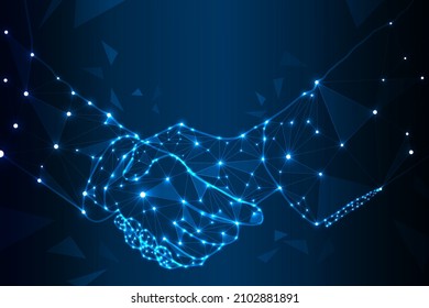 Handshake Abstract image Handshake in the form of a starry sky and consists of points, lines and shapes in the form of planets, stars, particles connected to form geometric shapes.