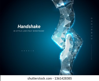 Handshake. Abstract image two hands handshake in the form of a starry sky. Plexus lines and points in silhouette.
Symbol future or innovation . Particles are connected line. Low poly wireframe