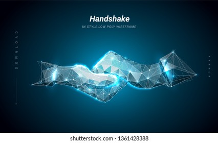 Handshake. Abstract image two hands handshake in the form of a starry sky. Plexus lines and points in silhouette.
Symbol future or innovation. Particles are connected line. Low poly wireframe. 