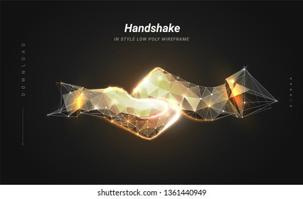 Handshake. Abstract image two hands handshake in the form of a starry sky. Plexus lines and points in silhouette.
Symbol future or innovation. Particles are connected line. Low poly wireframe