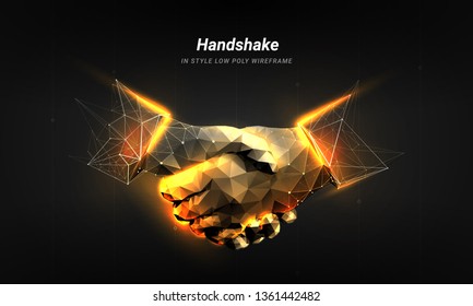 Handshake. Abstract image two hands handshake in the form of flaming steel. Illustration isolated on dark background. Low poly wireframe. Particles are connected in a geometric silhouette