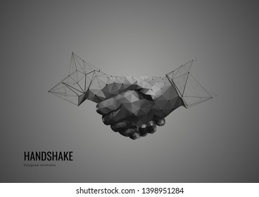 Handshake. Abstract image two hands handshake in the form of a starry sky and consisting of points, lines, and shapes in the form of planets, stars. Particles are connected in a geometric silhouette