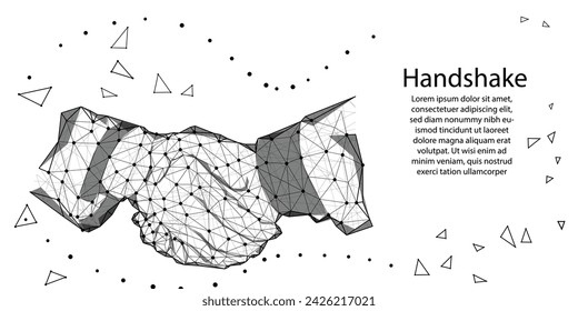 Apretón de manos. Imagen abstracta de dos manos apretón de manos en forma de un cielo estrellado y que consiste en puntos, líneas y formas en forma de planetas, estrellas. Las partículas se conectan en una silueta geométrica
