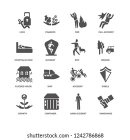 Handshake, Accident, Lock, Finances, Shield, Ship, Hand accident icon 16 set EPS 10 vector format. Icons optimized for both large and small resolutions.