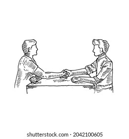 Handshake.	after doing a question and answer at a meeting table ended with shaking hands.	Retro vintage sketch vector illustration. Engraving style. black isolated on white background. vector draw 