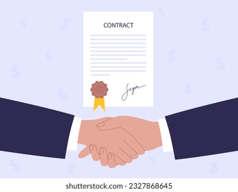 Un apretón de manos después de firmar un contrato. Concepto de un acuerdo comercial y financiero. Ilustración vectorial.