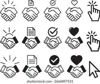 Handshake agreement checkmark heart cursor icons contract
