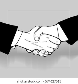Handshake agreement icon, halftone black and white illustration.
