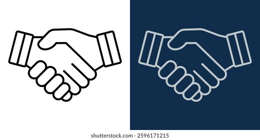 Handshake Agreement Icon in Minimalist Outline Style. Business Partnership Symbol, Black and White Contract Deal Illustration. Two Hands Shaking, Trust and Cooperation Sign