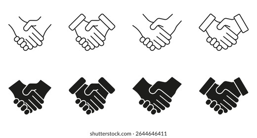 Handshake Agreement Icon Set. Business Partnership, Collaboration, And Deal-Making Outline And Silhouette Symbol Collection. Professional Networking And Cooperation. Isolated Vector Illustration.