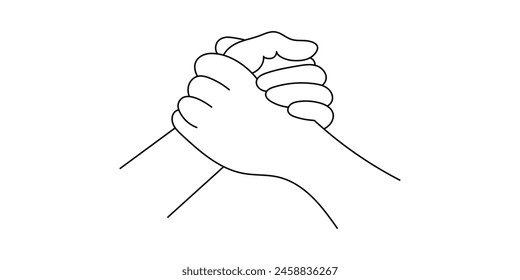 Handshake, agreement, input hand banner drawn from one line on a white background. Partnership and friendship symbol. vector graphic line