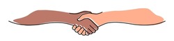 Handshake, Agreement, Introduction Banner Hand Drawn With Single Line. Black And White People Shake Hands. Vector Illustration Isolated On White Background