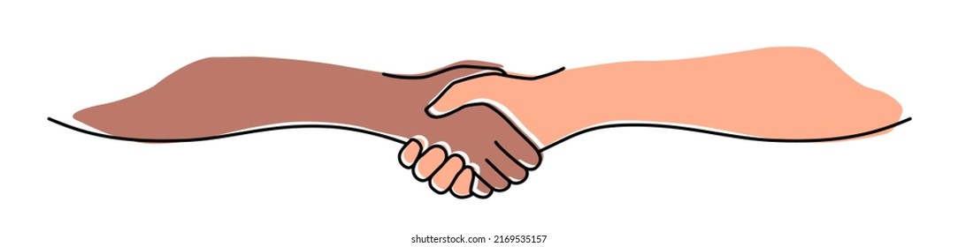 Handshake, Agreement, Introduction Banner Hand Drawn With Single Line. Black And White People Shake Hands. Vector Illustration Isolated On White Background