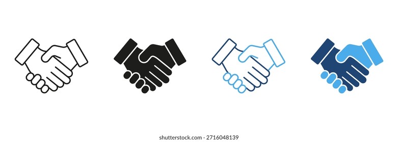 Handshake Agreement Line And Solid Icon Set. Business Partnership, Collaboration, And Deal-Making Outline And Silhouette Symbol Collection. Professional Networking. Isolated Vector Illustration.