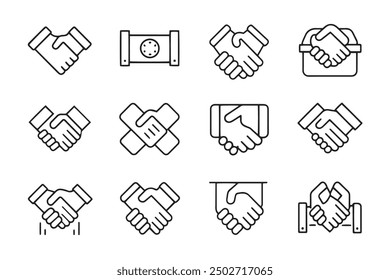 Handshake, agreement, partnership, commitment related black stroke outline icons set isolated flat vector illustration on white background