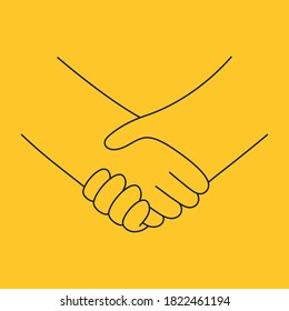 Handshake, agreement and partnership. Shaking hands concept. Flat clean line vector illustration on yellow.