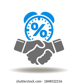 Handshake And Alarm Clock With Percent Icon Vector. Microcredit, Microloan Symbol. Fast Money Get Deal Sign.