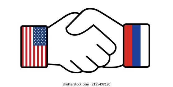 Handshake America vs Russia. Vector USA and Russian diplomacy, diplomatic relation conflict Hands shake. VS or russian. Hybrid war and warfare, DDoS attack. Cyber war, Hackers and cyber crime, 