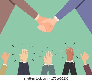 Handshake and applause. Vector flat cartoon illustration. Concept: successful transaction, cooperation, employee support, team, colleagues, bravo, successful, coordination, friendly.