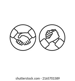 Handshake and arm wrestling icons symbolizing competition and cooperation. Vector