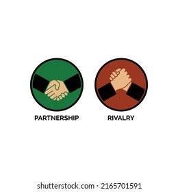 Handshake and arm wrestling icons symbolizing competition and cooperation. Vector