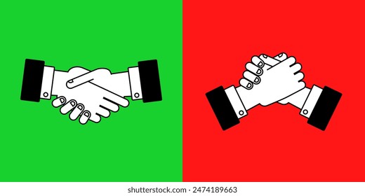 Handshake and arm wrestling vector icon set in simple flat style. Red and green colors. Cooperation and competition business concept