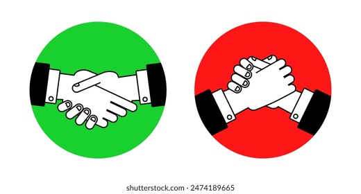 Handshake and arm wrestling vector icons set in simple flat style. Red and green colors. Cooperation and competition business concept