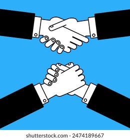 Handshake and arm wrestling vector illustration set in flat style. Cooperation and competition business concept