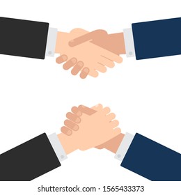 Handshake and arm wrestling vector set in flat style. International male or female hands isolated on white. Cooperation and competition business concept.