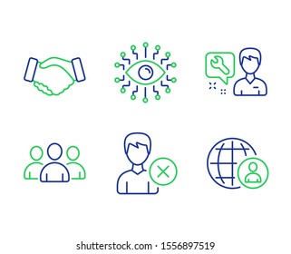 Handshake, Artificial intelligence and Group line icons set. Remove account, Repairman and International recruitment signs. Deal hand, All-seeing eye, Group of users. Delete user. People set. Vector