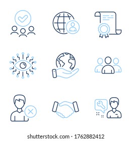 Apretar, Inteligencia artificial e iconos de línea de grupo. Certificado de Diploma, Salvar planeta, grupo de personas. Eliminar la cuenta, Reparman y los carteles de reclutamiento internacional. Vector