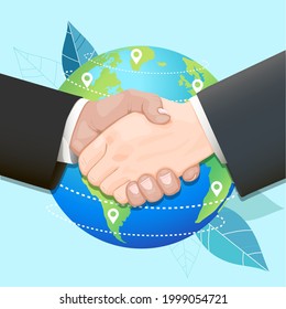 Handshake in the background of the globe. Vector illustration