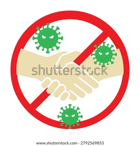 Handshake ban covid19 virus no shaking hands. Green virus cells around hands