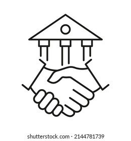 Handshake and bank building line icon. Financial agreement concept. Vector isolated on white.