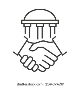 Handshake and bank building line icon. Financial agreement concept. Vector isolated on white.