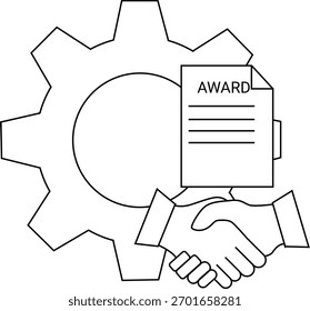 Aperte a mão abaixo de um documento de prêmio ao lado de um símbolo de engrenagem