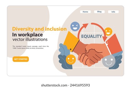 Handshake beneath the word Equality. Promoting unity and fairness among diverse individuals. Celebrating inclusivity in a workplace setting. Flat vector illustration