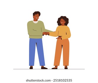 Aperto de mão entre homem e mulher afro-americanos. Parceiros de negócios respeitosamente apertam as mãos uns dos outros. Trabalho em equipe e cooperação conceito de comunicação. Ilustração vetorial