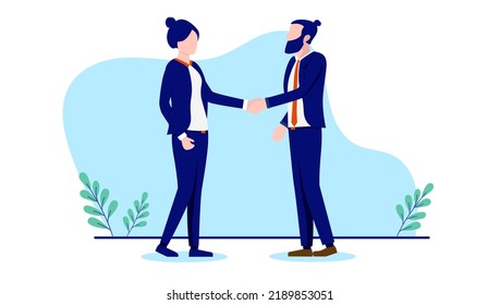 Handshake between businessman and businesswoman - Man and woman shaking hands over business deal and agreement. Flat design vector illustration with white background