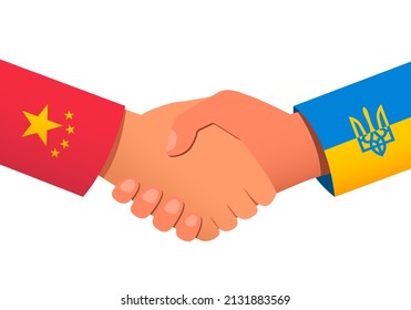 Handshake between China and Ukraine as a symbol of financial or political relations and assistance. Vector illustration EPS 10