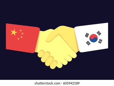 Handshake between Chinese and South Korean nations. Vector illustration concept with country flags