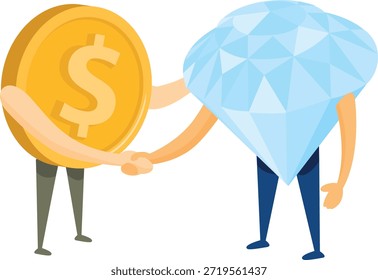 Aperto de mão entre uma moeda e um diamante