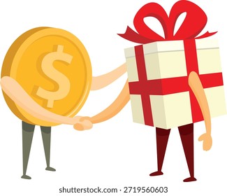 Handschlag zwischen einer Münze und einem Geschenk