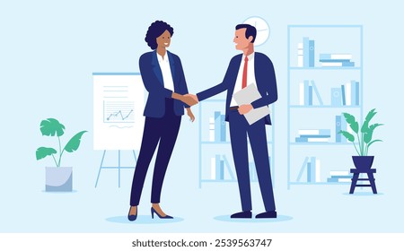 Aperto de mão entre empresários diversificados - duas pessoas homem de negócios e empresária negra apertando as mãos dentro de casa no escritório sobre o acordo, a colaboração e o acordo. Ilustração de vetor de design plano