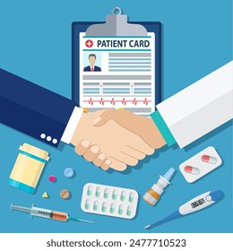 handshake between doctor and patient, patient card, tablets and pills, syringe, thermometer. Healthcare, hospital and medical diagnostics concept. vector illustration in flat style