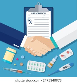 handshake between doctor and patient, clipboard with Rx, tablets and pills, syringe, thermometer. Healthcare, hospital and medical diagnostics concept. vector illustration in flat style