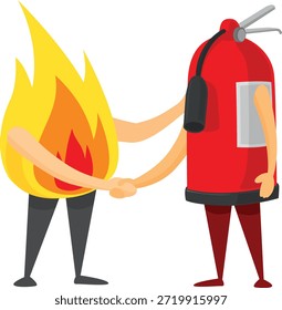 Apretón de manos entre el fuego y el extintor