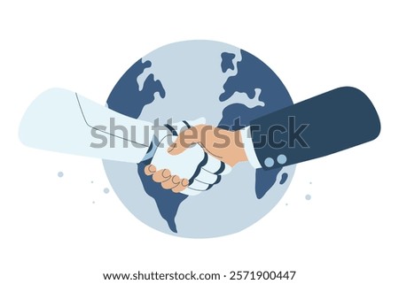 Handshake between human and robot on the world, Robotic AI and businessman shaking hands, Online collaboration between humans and artificial intelligence, Technological advancement, Vector design.